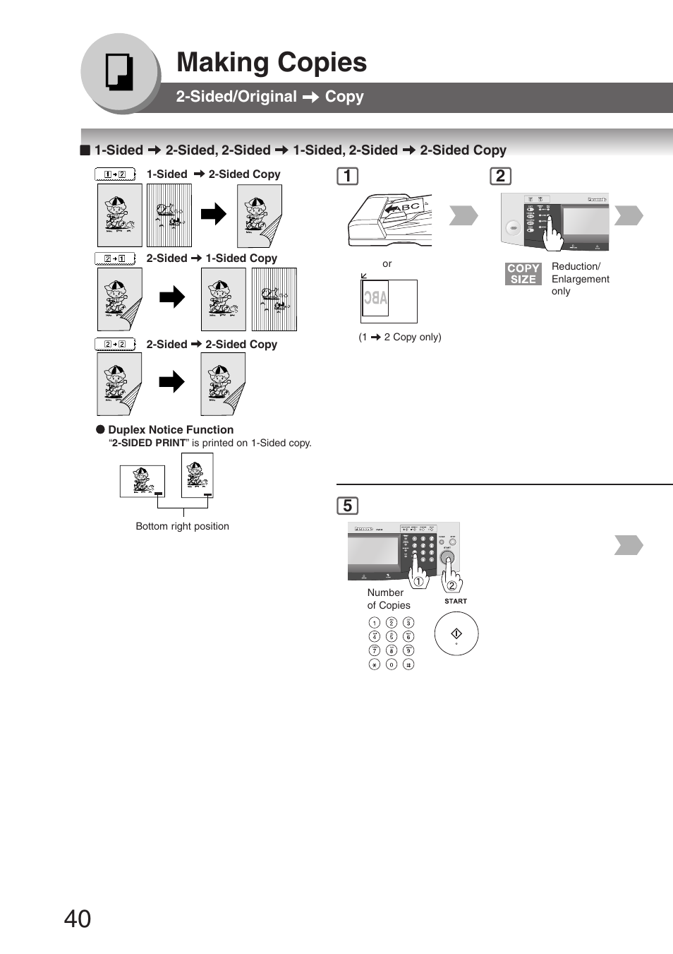 Sided/original -> copy, Sided/original, Copy | Making copies, Sided/original copy | Panasonic DP-8032 User Manual | Page 40 / 104