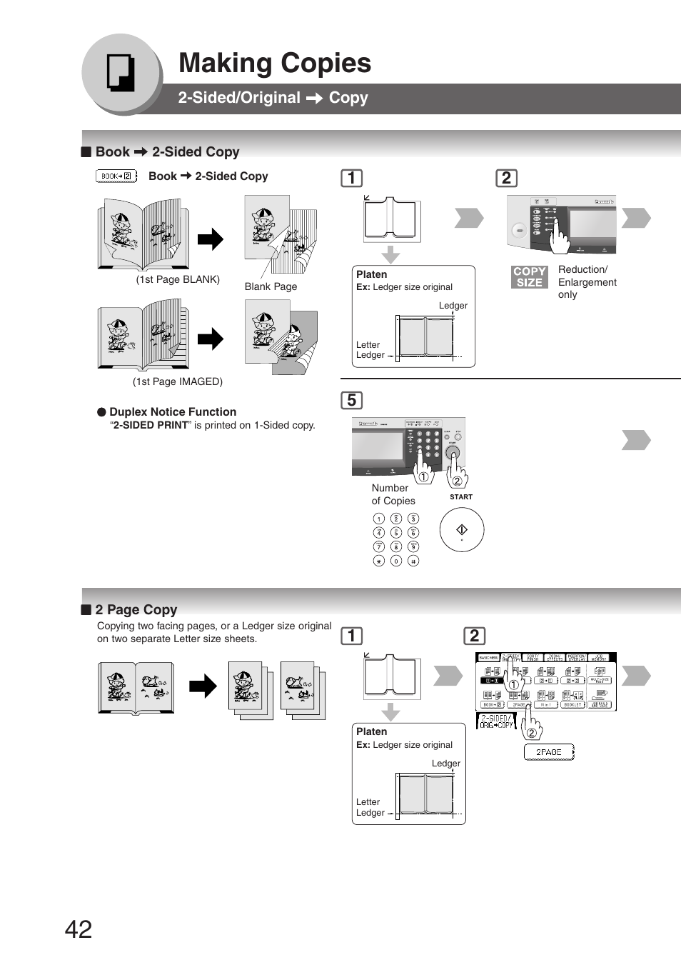 Book -> 2-sided copy, Making copies, Sided/original copy | Panasonic DP-8032 User Manual | Page 42 / 104