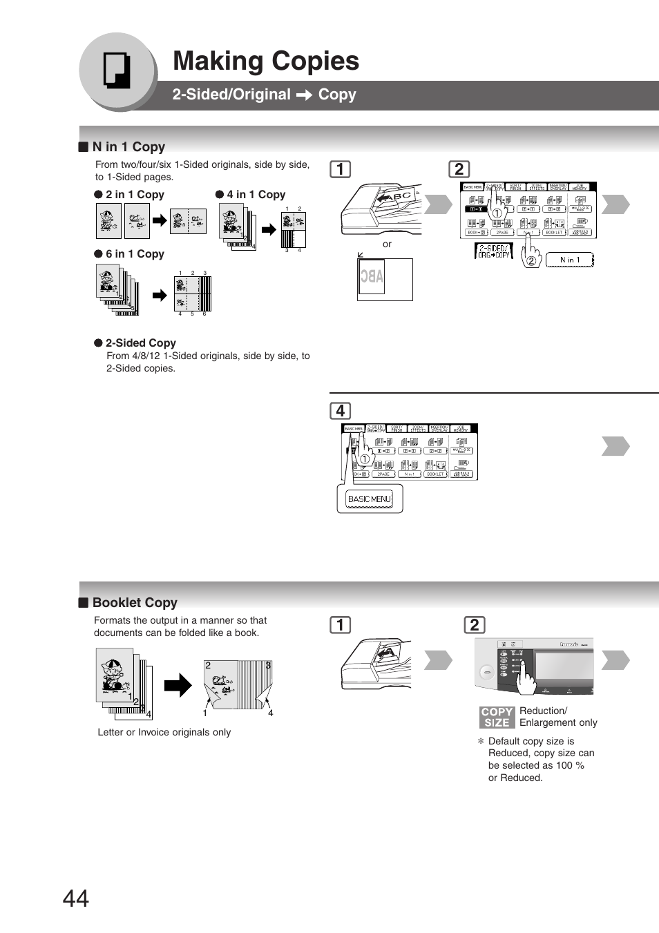 N in 1 copy, Booklet copy, N in 1 copy ■ booklet copy | Making copies, Sided/original copy | Panasonic DP-8032 User Manual | Page 44 / 104