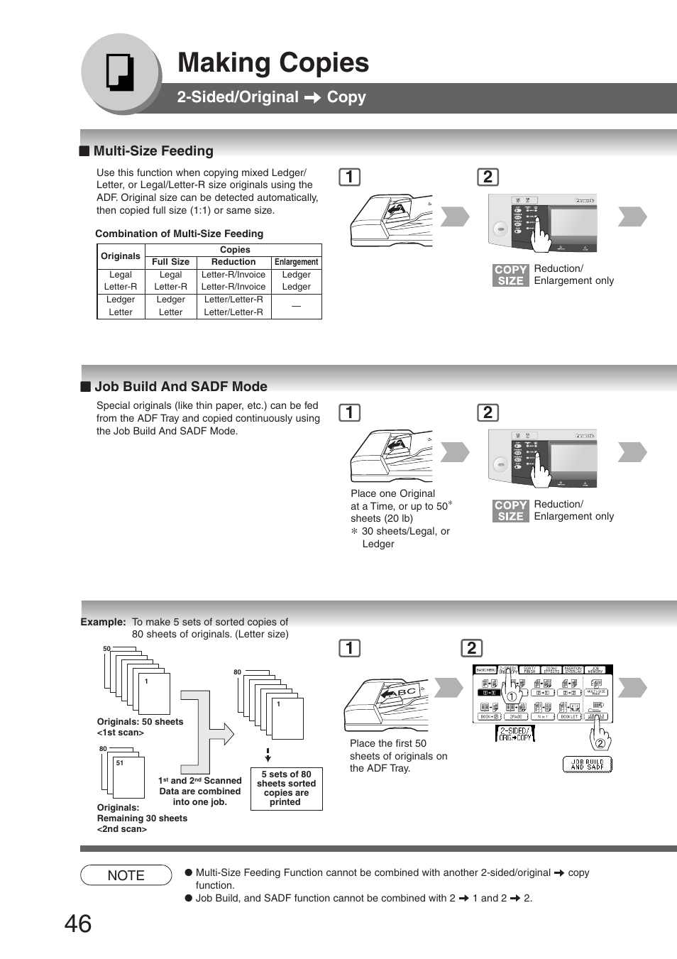 Multi-size feeding, Job build and sadf mode, Multi-size feeding ■ job build and sadf mode | Making copies, Sided/original copy | Panasonic DP-8032 User Manual | Page 46 / 104