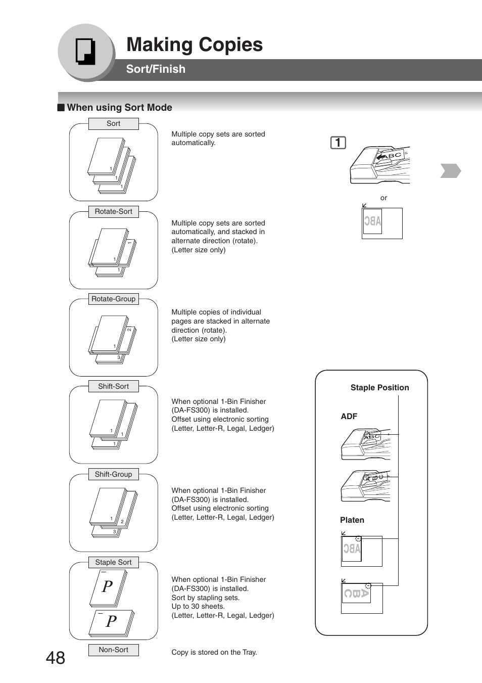 Sort/finish, When using sort mode, Making copies | Panasonic DP-8032 User Manual | Page 48 / 104