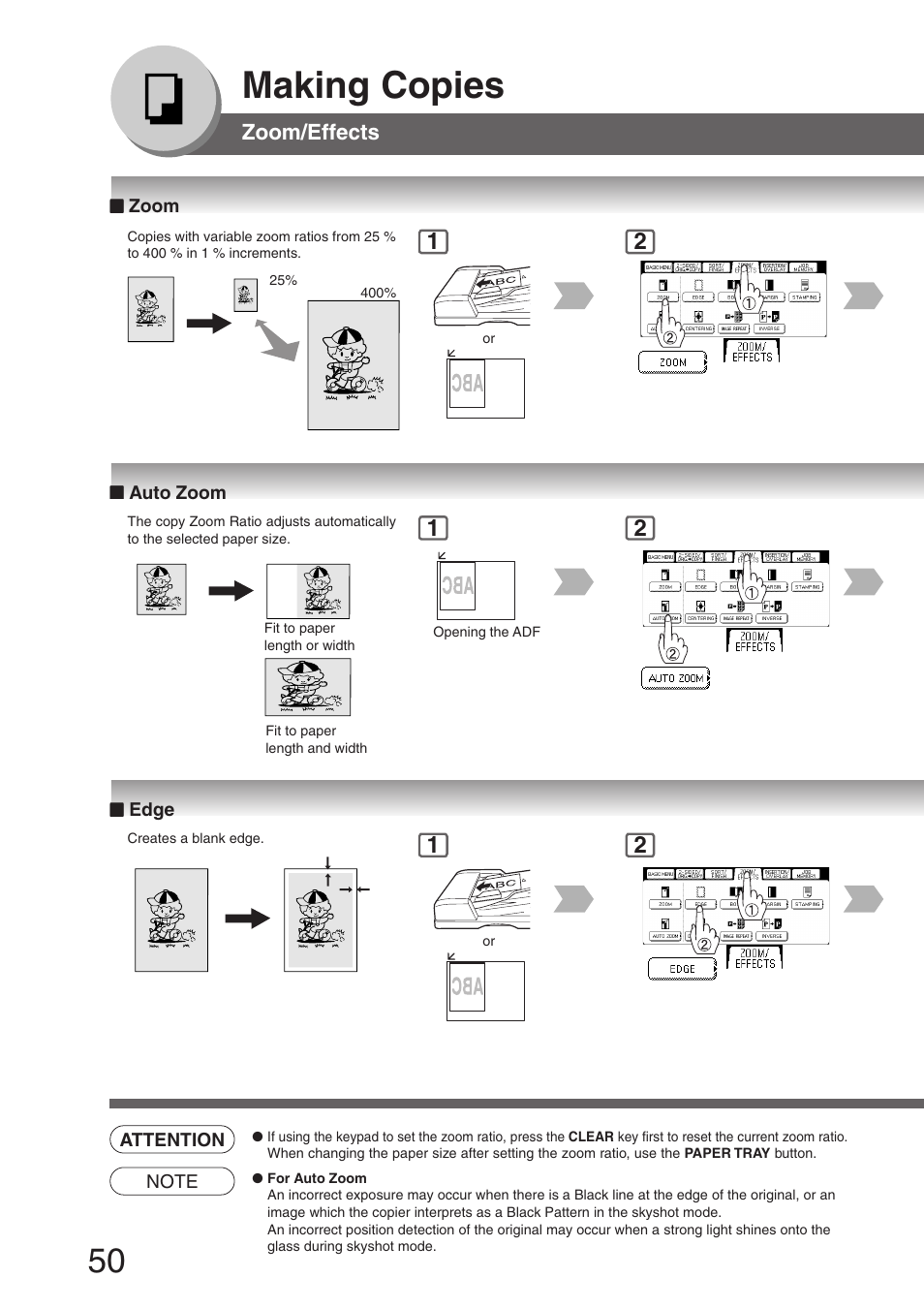 Zoom/effects, Zoom, Auto zoom | Edge, Zoom ■ auto zoom ■ edge, Making copies | Panasonic DP-8032 User Manual | Page 50 / 104