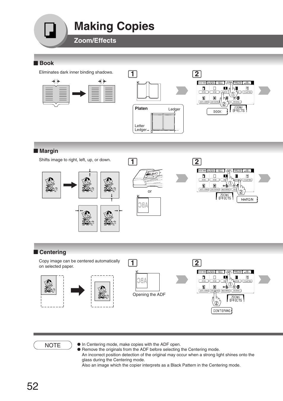 Book, Margin, Centering | Book ■ margin ■ centering, Making copies | Panasonic DP-8032 User Manual | Page 52 / 104