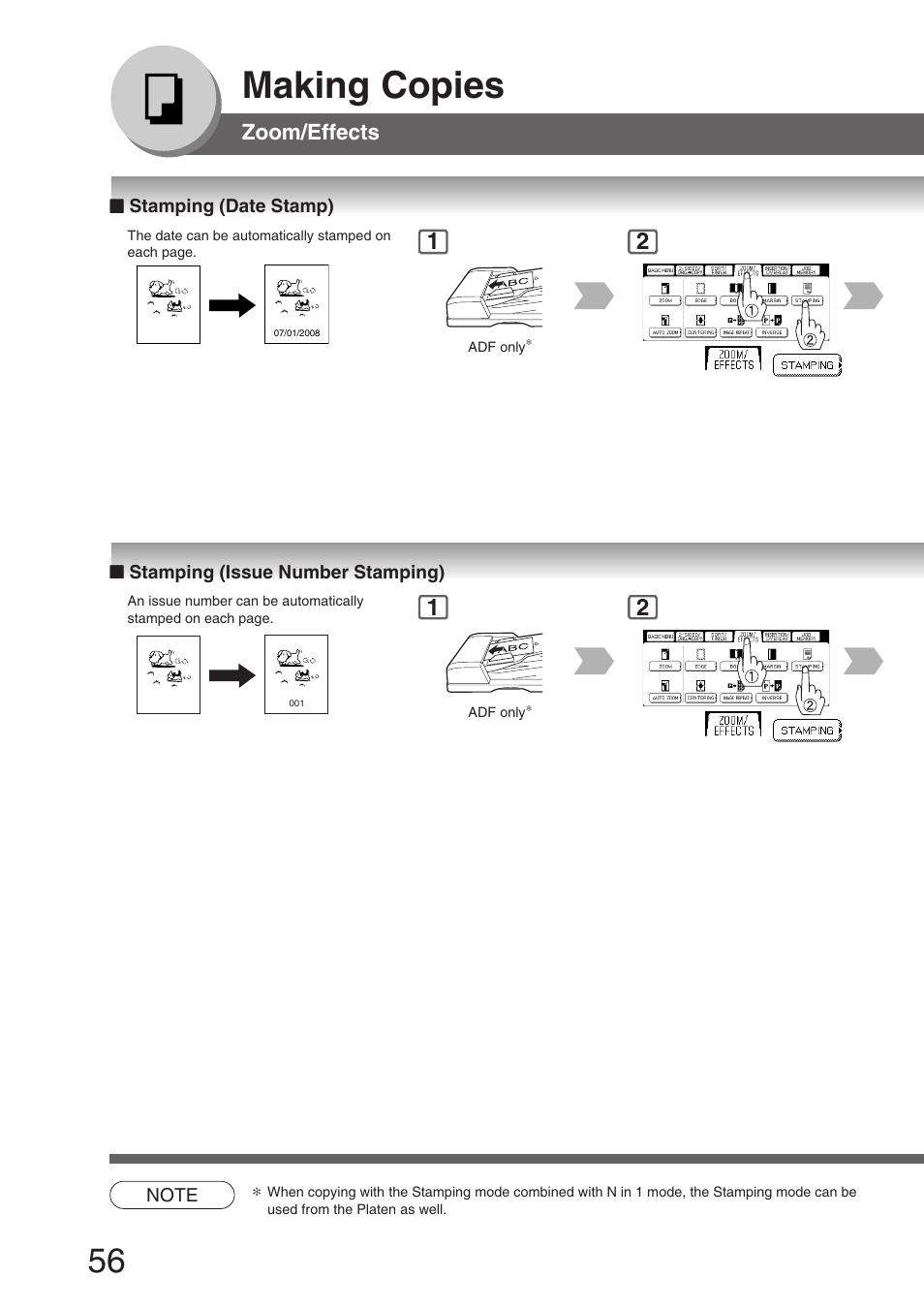 Stamping (date stamp), Stamping (issue number stamping), Making copies | Panasonic DP-8032 User Manual | Page 56 / 104