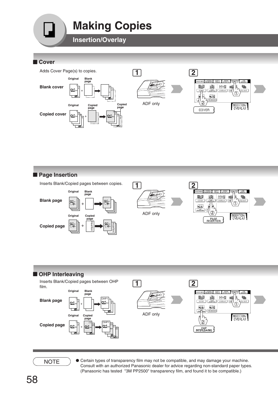 Insertion/overlay, Cover, Ohp interleaving | Making copies, Page insertion | Panasonic DP-8032 User Manual | Page 58 / 104