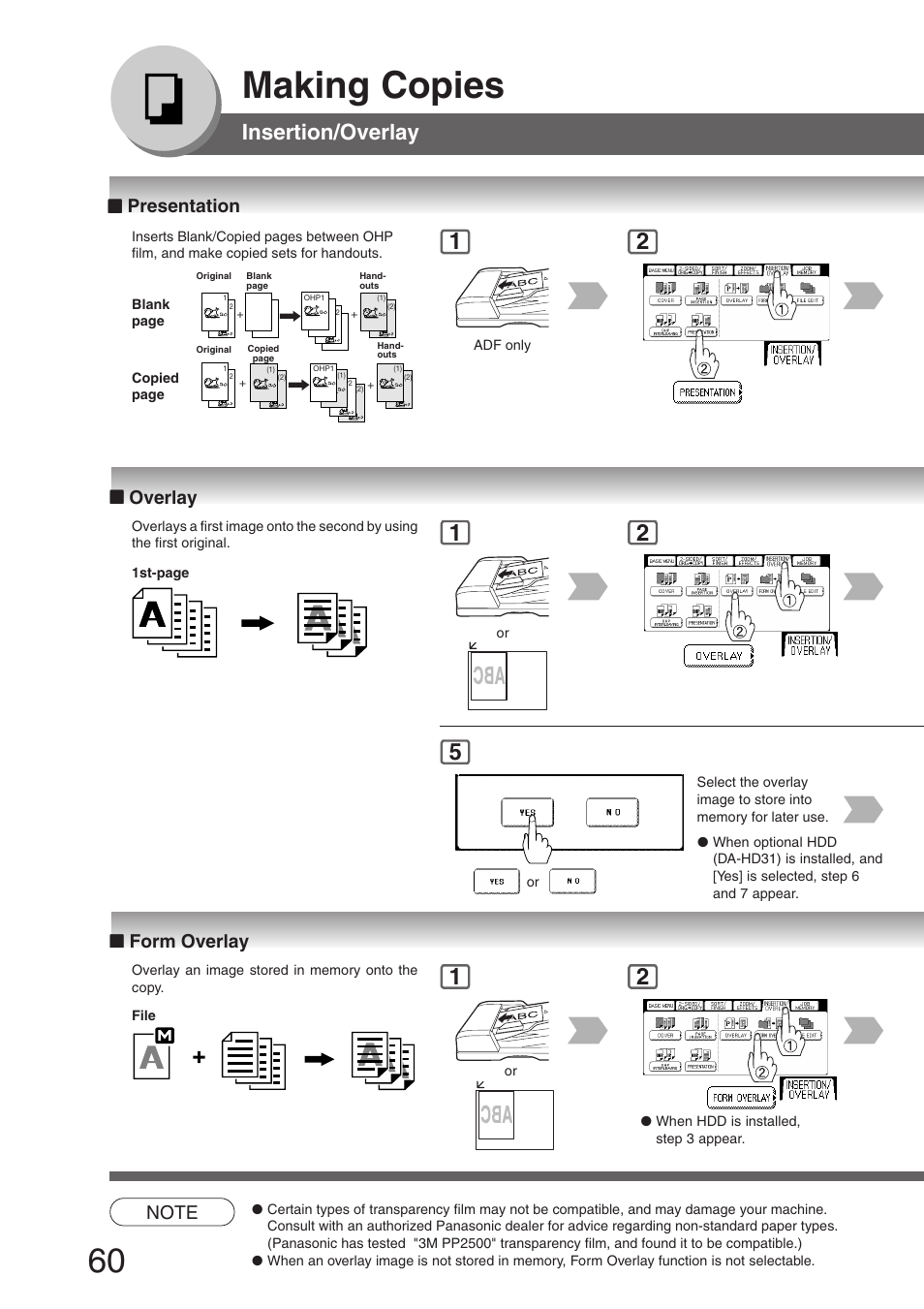 Presentation, Overlay, Form overlay | Presentation ■ overlay ■ form overlay, Making copies, Insertion/overlay | Panasonic DP-8032 User Manual | Page 60 / 104