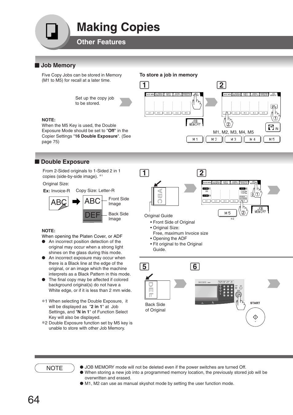 Other features, Job memory, Double exposure | Job memory ■ double exposure, Making copies, Abc def | Panasonic DP-8032 User Manual | Page 64 / 104