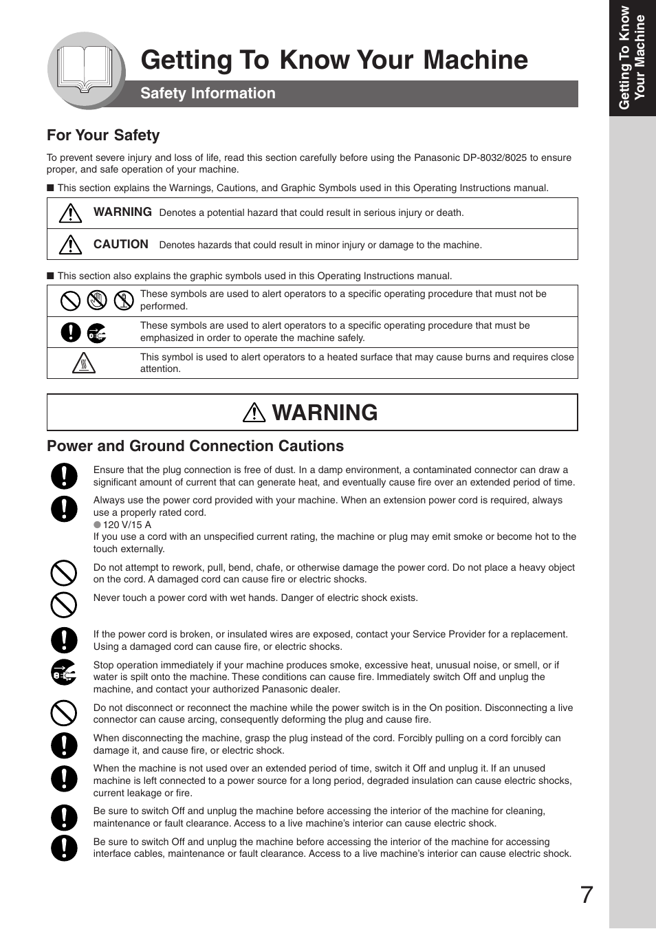 Safety information, Getting to know your machine, Warning | For your safety, Power and ground connection cautions | Panasonic DP-8032 User Manual | Page 7 / 104