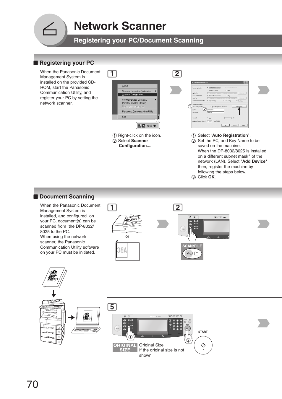 Network scanner, Registering your pc/document scanning, Registering your pc | Document scanning, Registering your pc ■ document scanning | Panasonic DP-8032 User Manual | Page 70 / 104