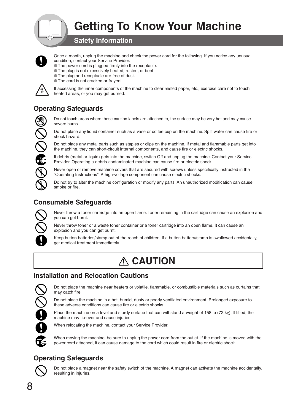 Getting to know your machine, Caution, Operating safeguards | Consumable safeguards, Installation and relocation cautions, Safety information | Panasonic DP-8032 User Manual | Page 8 / 104