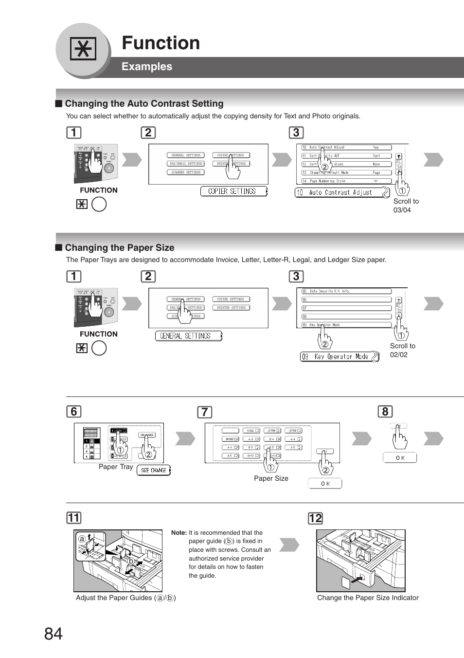 Examples, Changing the auto contrast setting, Changing the paper size | Function | Panasonic DP-8032 User Manual | Page 84 / 104