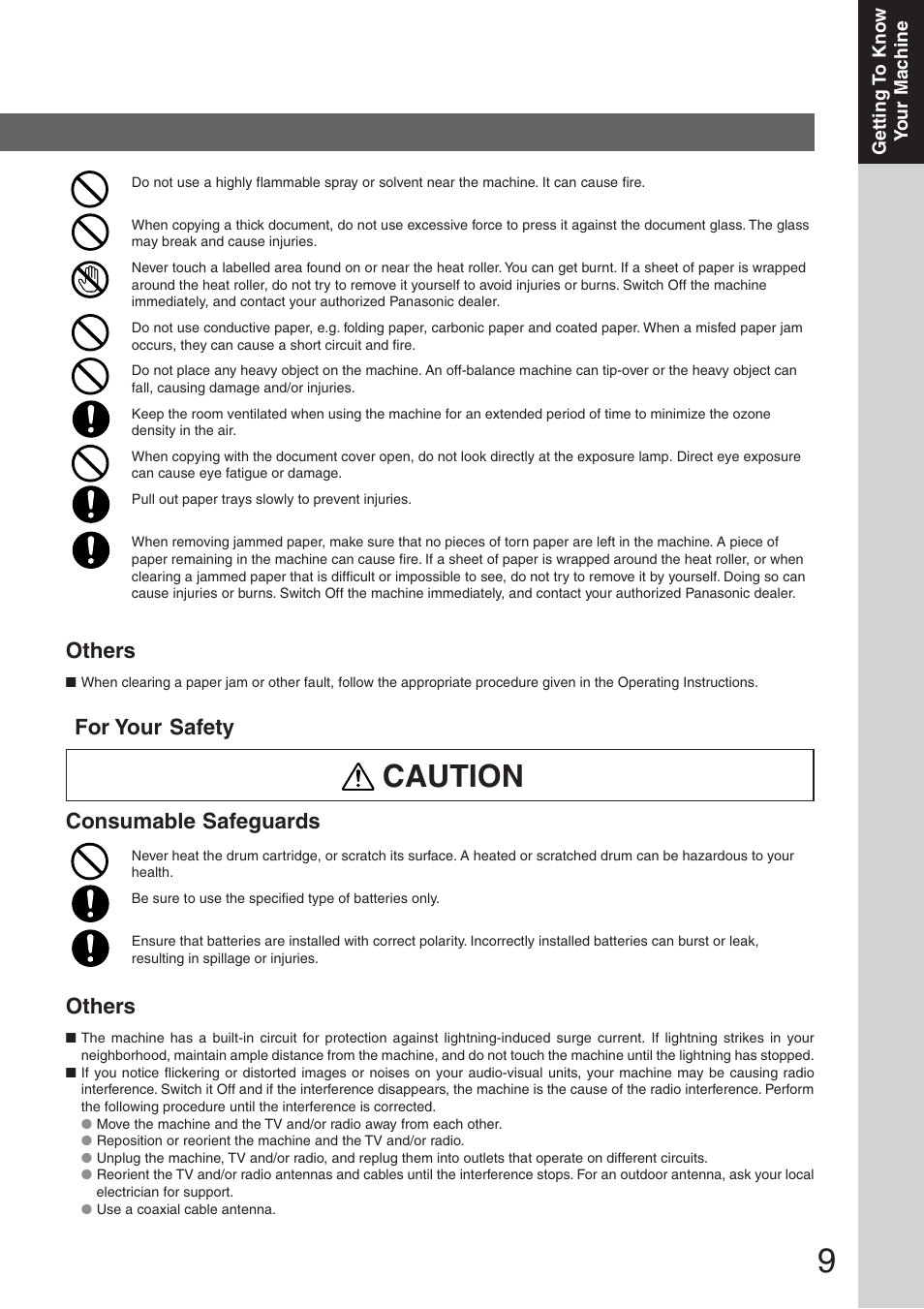 Caution, Others, Consumable safeguards | For your safety | Panasonic DP-8032 User Manual | Page 9 / 104