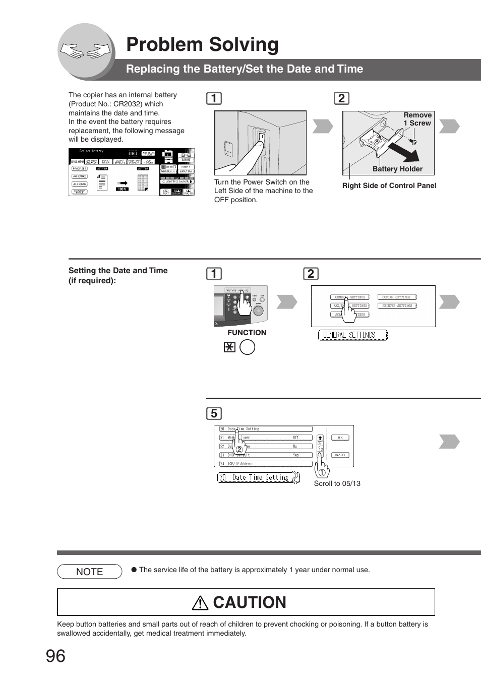 Replacing the battery/set the date and time, Problem solving, Caution | Panasonic DP-8032 User Manual | Page 96 / 104