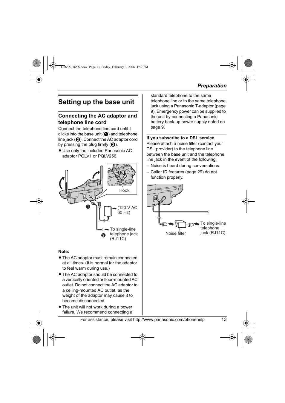 Preparation, Setting up the base unit | Panasonic KX-TG5634 User Manual | Page 13 / 64