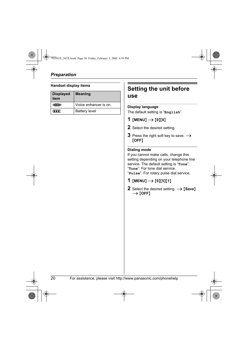 Setting the unit before use | Panasonic KX-TG5634 User Manual | Page 20 / 64