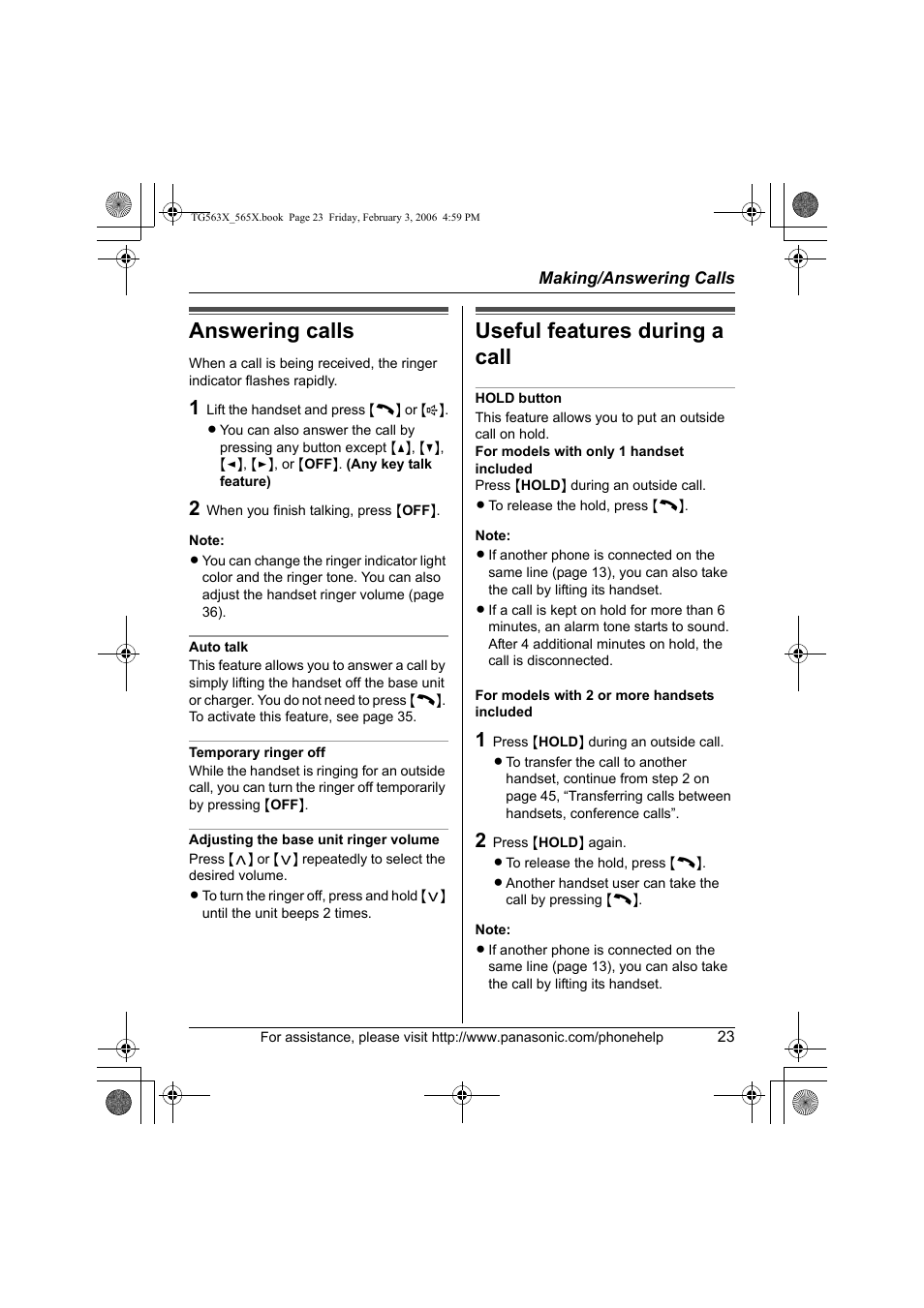 Answering calls, Useful features during a call | Panasonic KX-TG5634 User Manual | Page 23 / 64