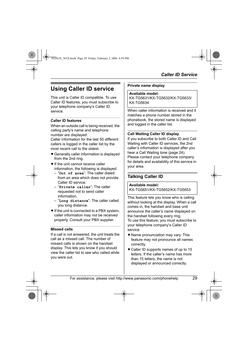 Caller id service, Using caller id service | Panasonic KX-TG5634 User Manual | Page 29 / 64