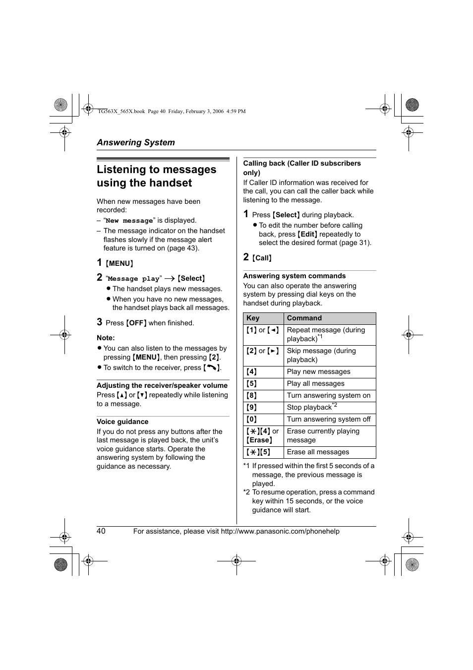 Listening to messages using the handset | Panasonic KX-TG5634 User Manual | Page 40 / 64