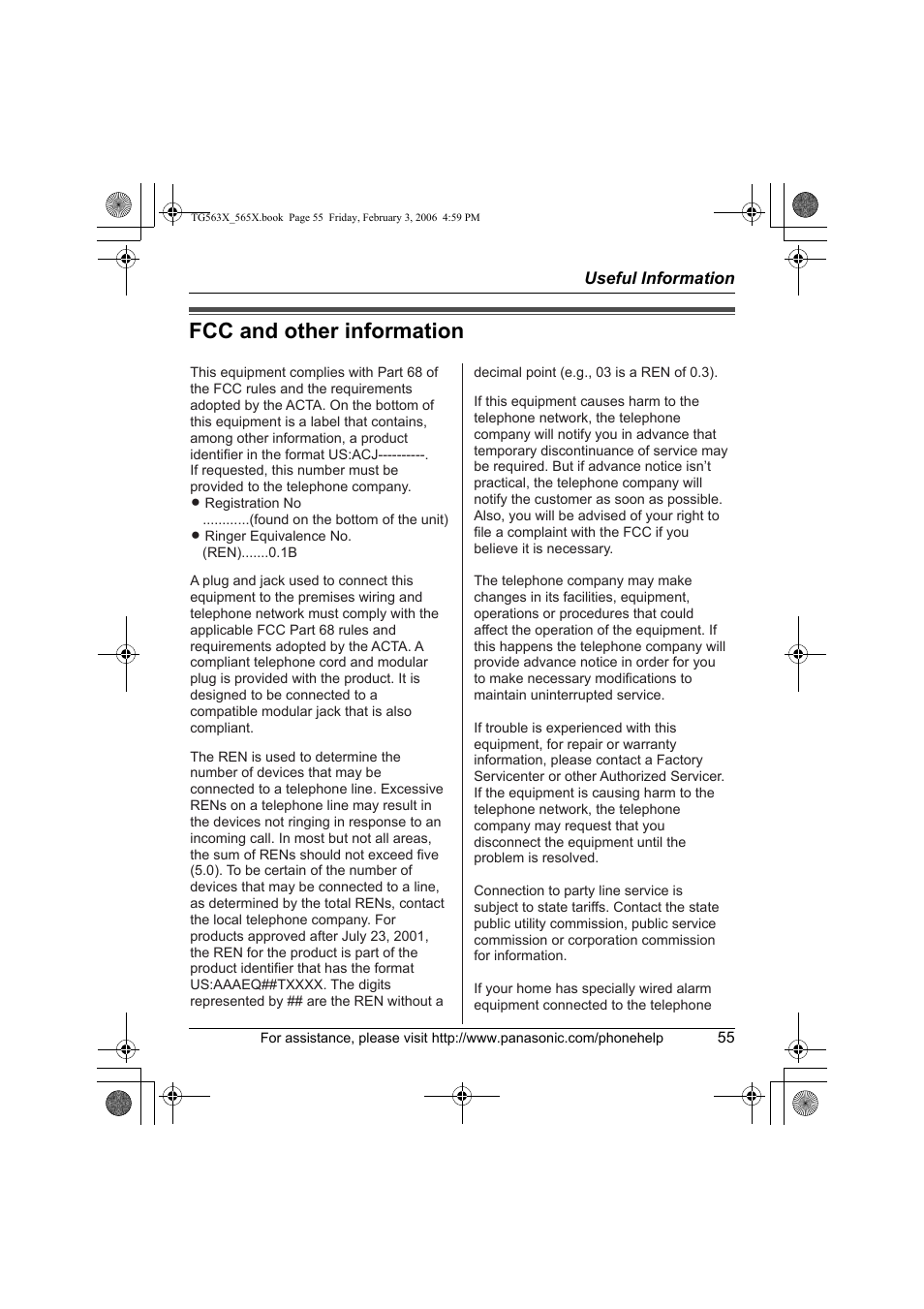 Fcc and other information | Panasonic KX-TG5634 User Manual | Page 55 / 64