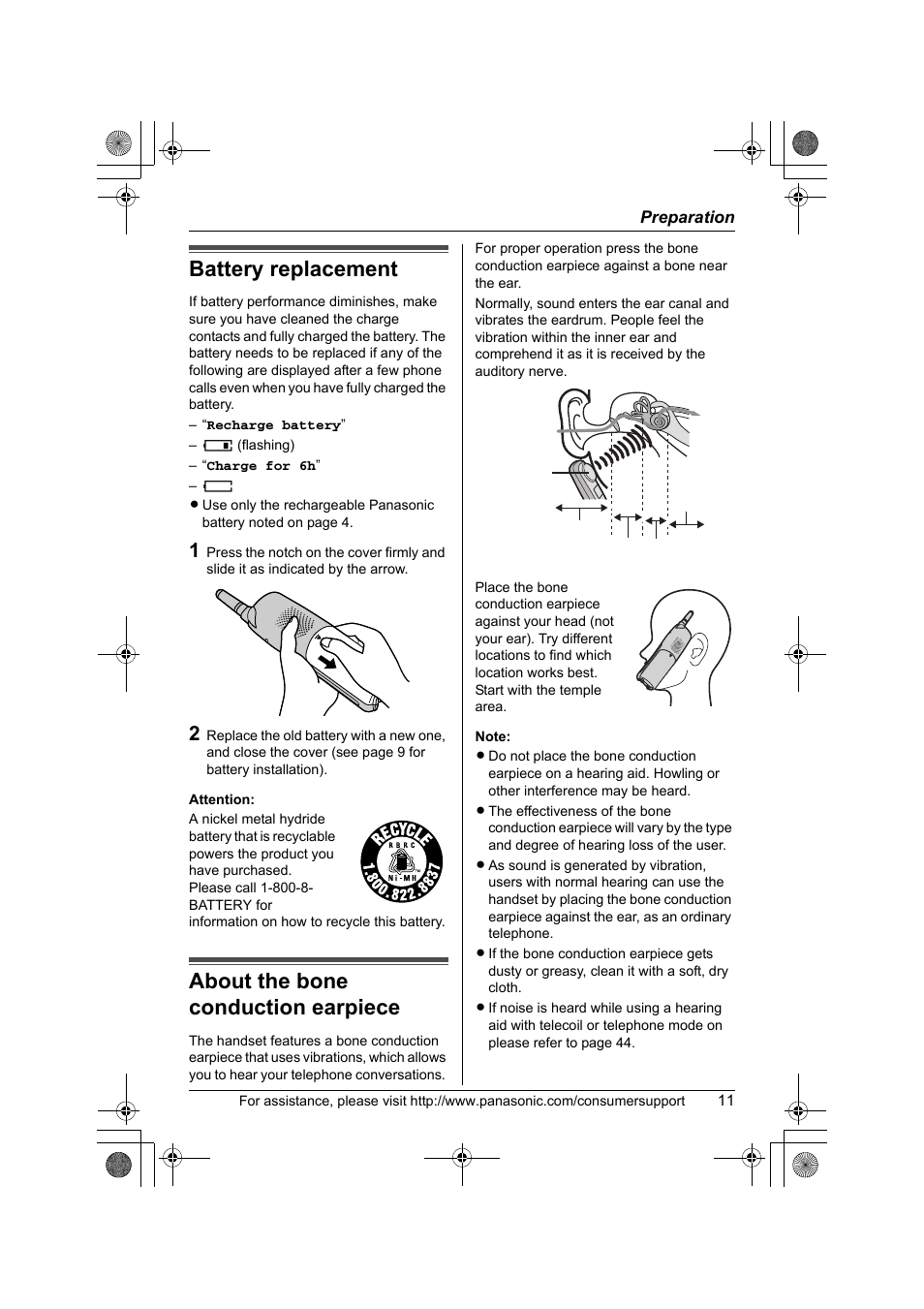 Battery replacement, About the bone conduction earpiece | Panasonic KX-TG2388 User Manual | Page 11 / 76