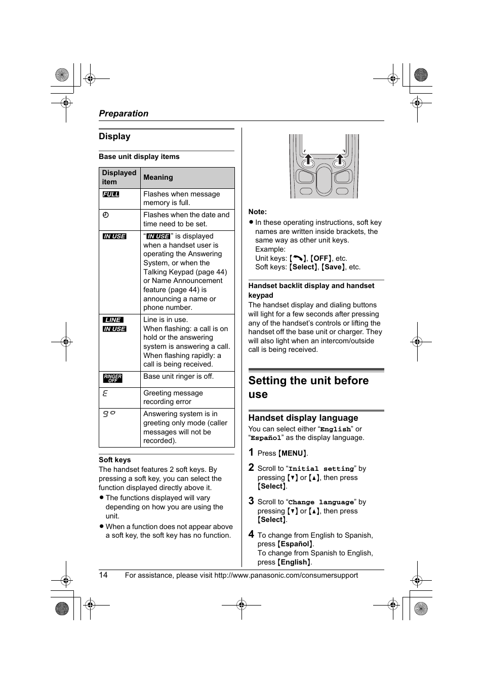 Setting the unit before use | Panasonic KX-TG2388 User Manual | Page 14 / 76