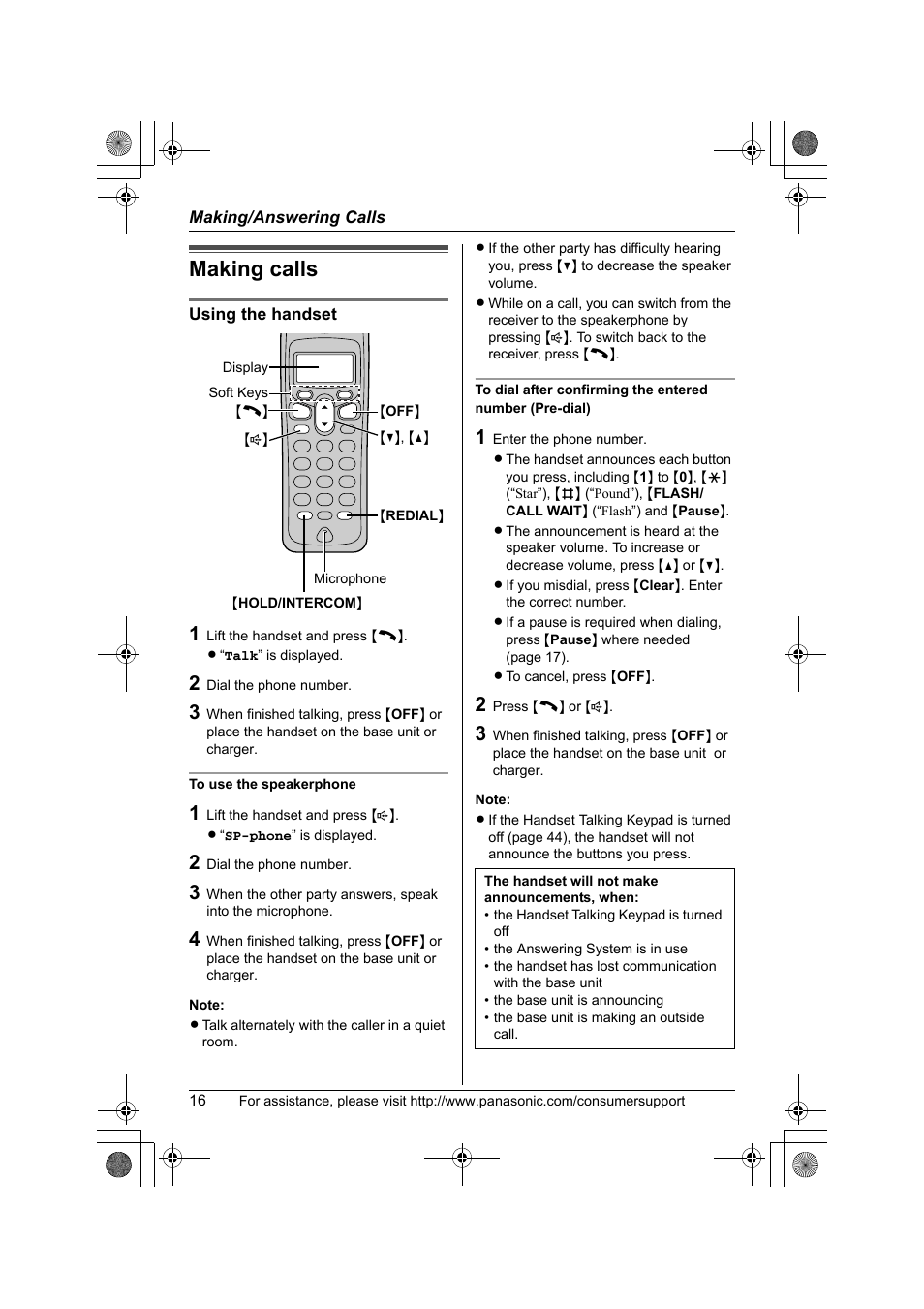 Making/answering calls, Making calls | Panasonic KX-TG2388 User Manual | Page 16 / 76