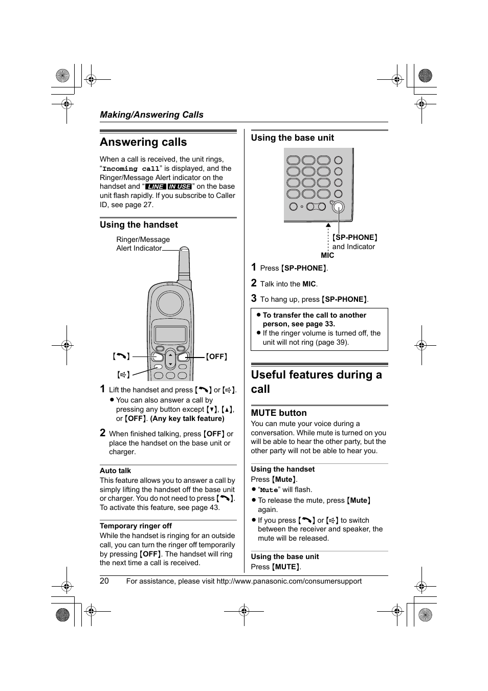 Answering calls, Useful features during a call | Panasonic KX-TG2388 User Manual | Page 20 / 76