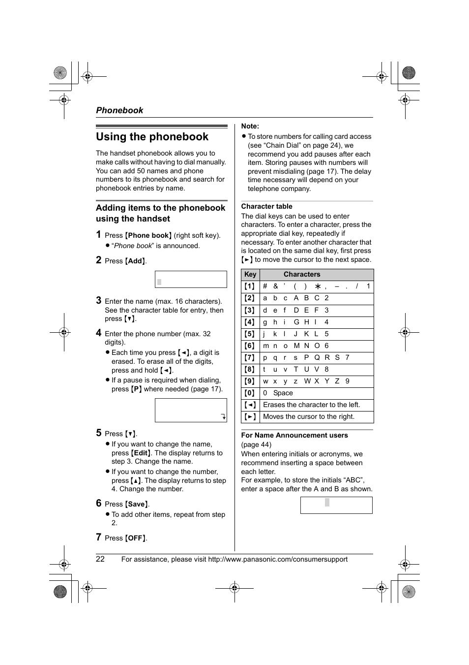 Phonebook, Using the phonebook, A b c | Panasonic KX-TG2388 User Manual | Page 22 / 76