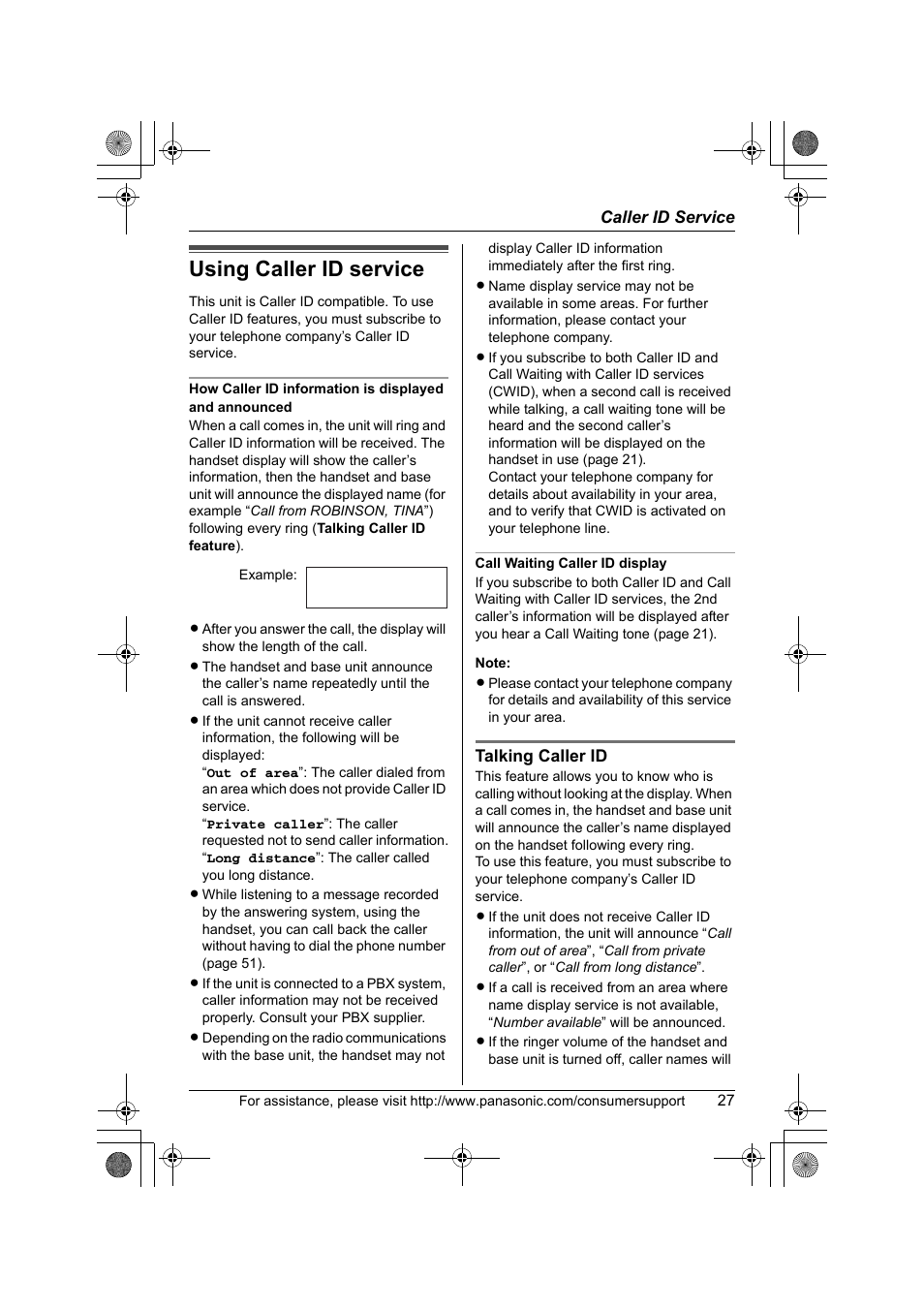 Caller id service, Using caller id service, Robinson,tina | Panasonic KX-TG2388 User Manual | Page 27 / 76