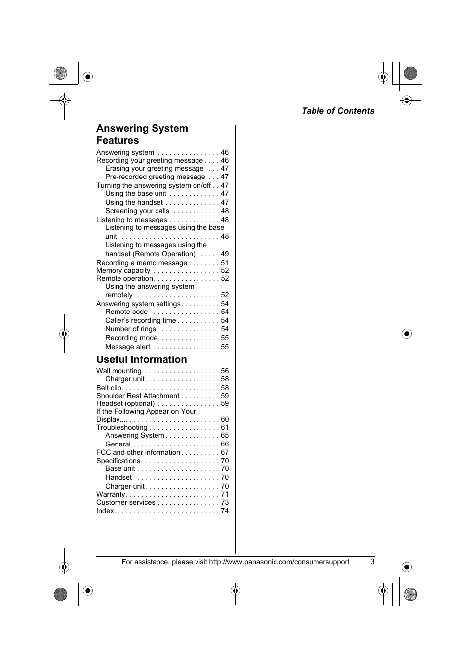 Answering system features, Useful information | Panasonic KX-TG2388 User Manual | Page 3 / 76