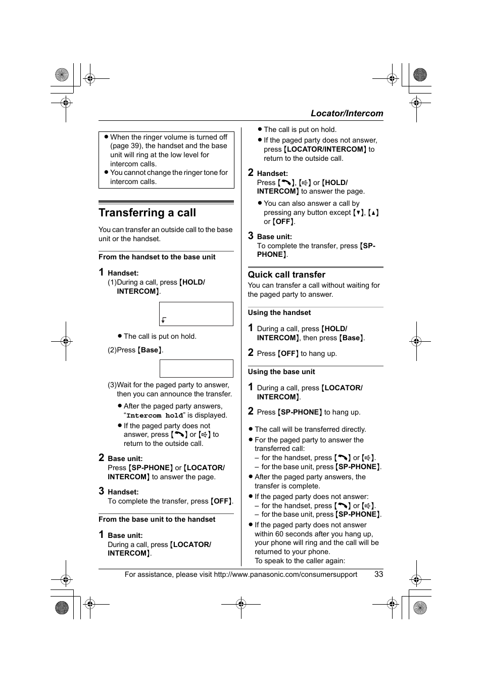 Transferring a call | Panasonic KX-TG2388 User Manual | Page 33 / 76