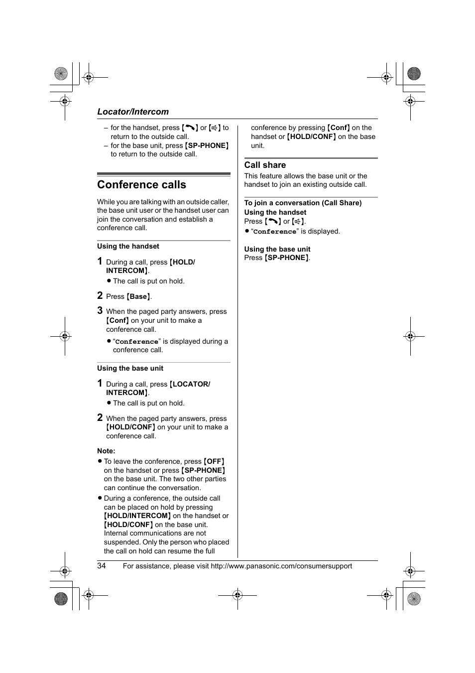 Conference calls | Panasonic KX-TG2388 User Manual | Page 34 / 76