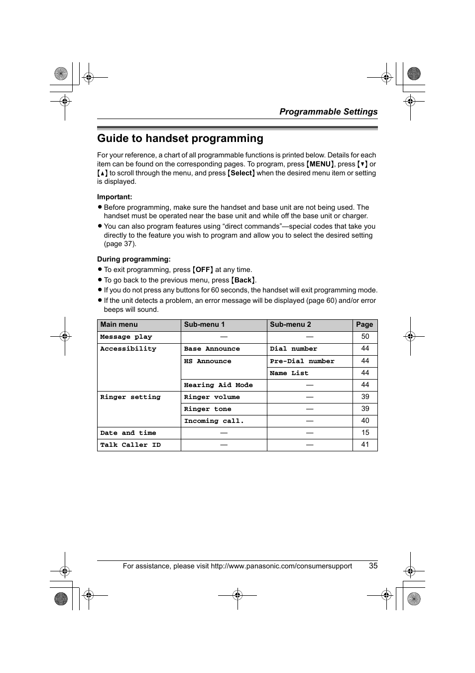 Programmable settings, Guide to handset programming | Panasonic KX-TG2388 User Manual | Page 35 / 76