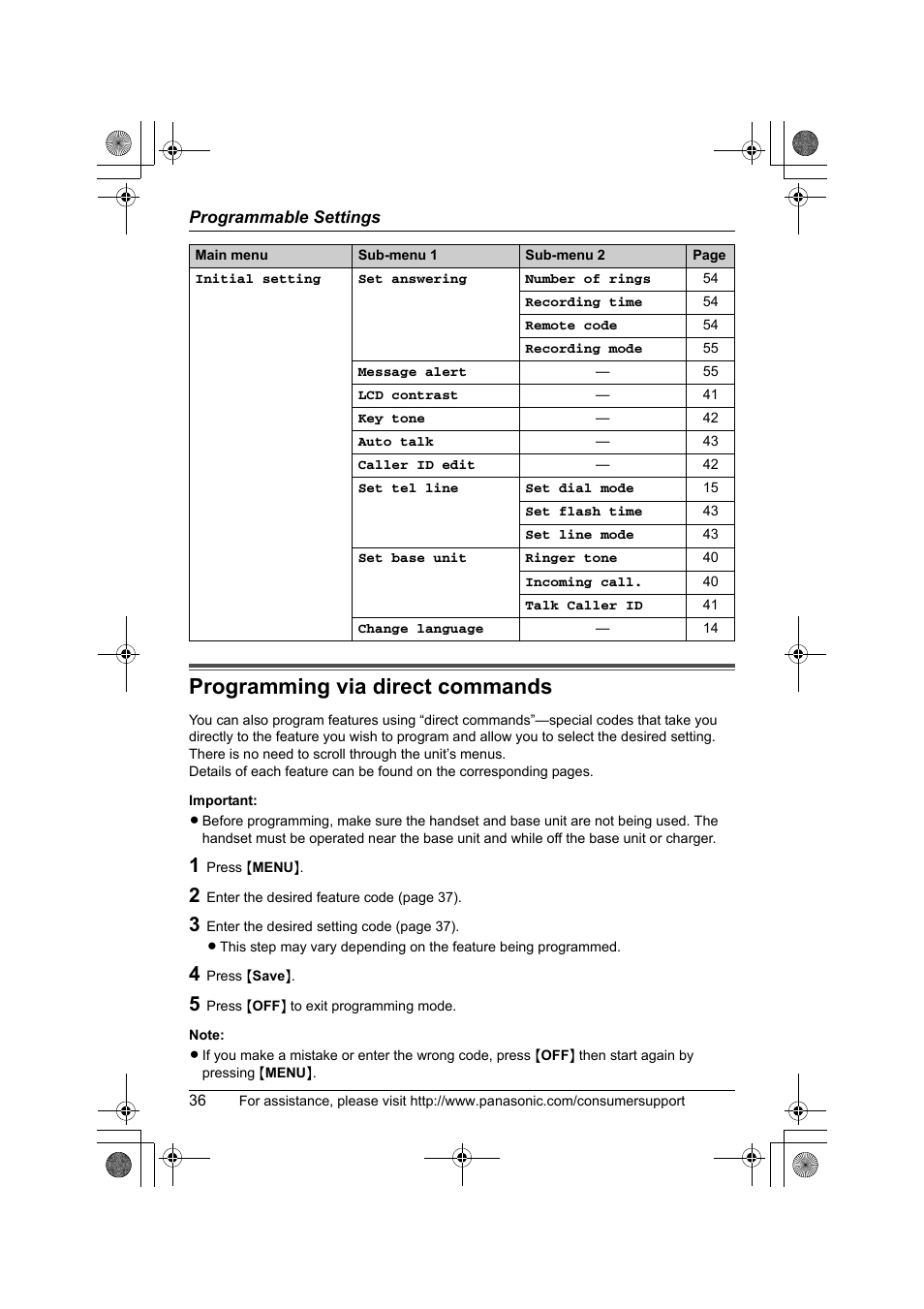 Programming via direct commands | Panasonic KX-TG2388 User Manual | Page 36 / 76