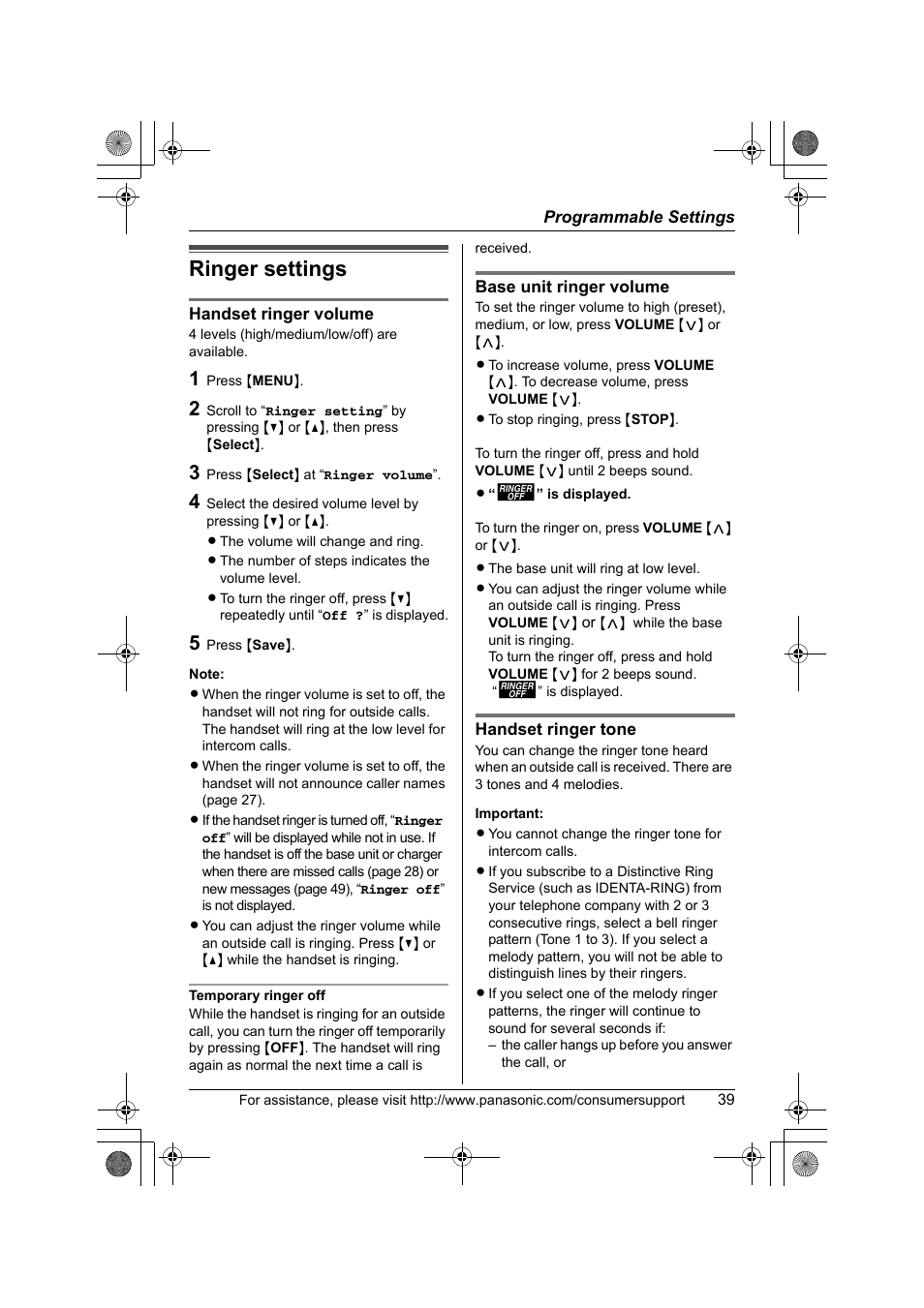 Ringer settings | Panasonic KX-TG2388 User Manual | Page 39 / 76