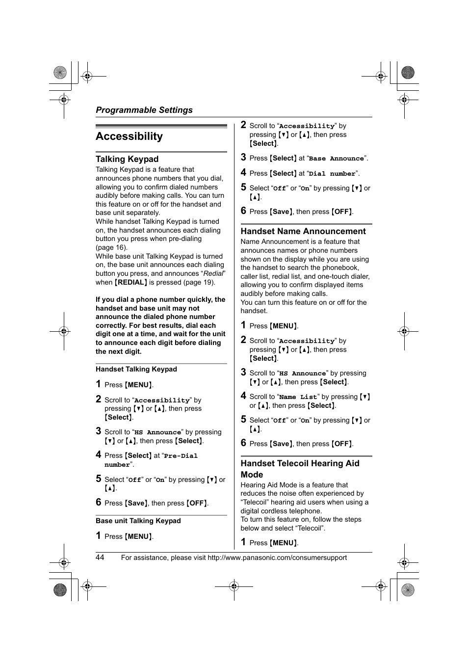 Accessibility | Panasonic KX-TG2388 User Manual | Page 44 / 76