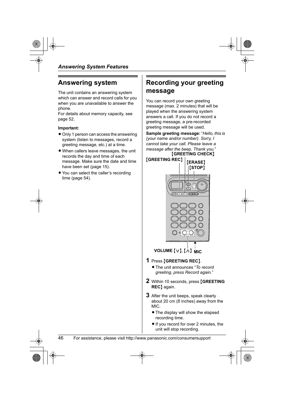 Answering system features, Answering system, Recording your greeting message | Panasonic KX-TG2388 User Manual | Page 46 / 76