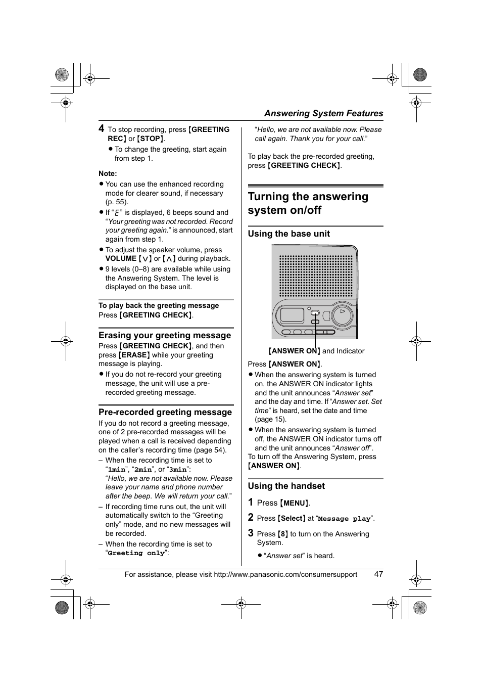 Turning the answering system on/off | Panasonic KX-TG2388 User Manual | Page 47 / 76