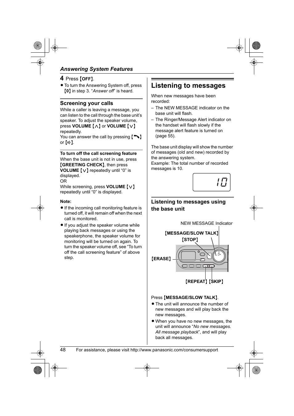 Listening to messages | Panasonic KX-TG2388 User Manual | Page 48 / 76