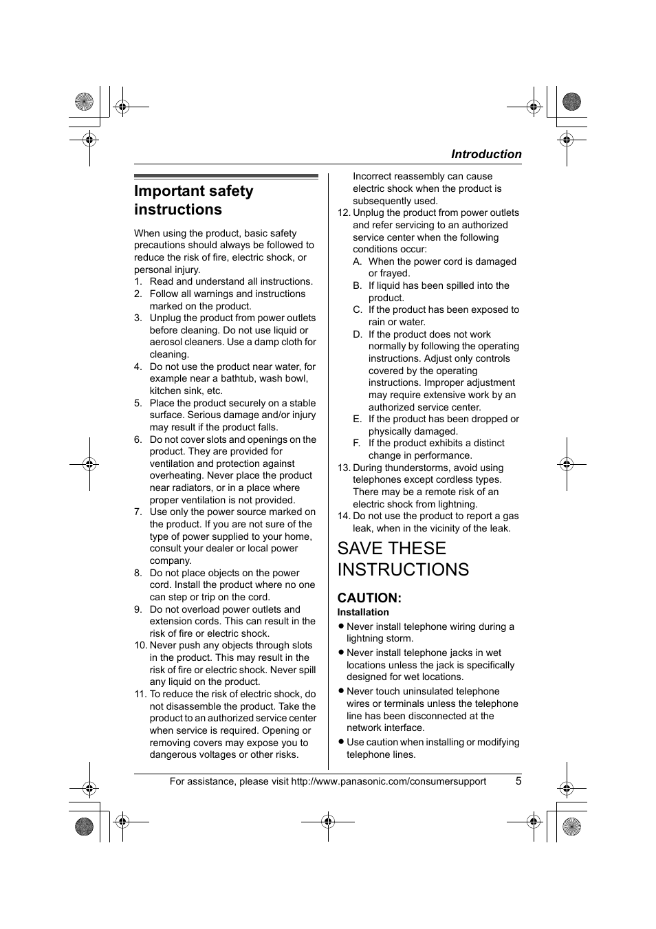 Important safety instructions, Save these instructions, Caution | Panasonic KX-TG2388 User Manual | Page 5 / 76