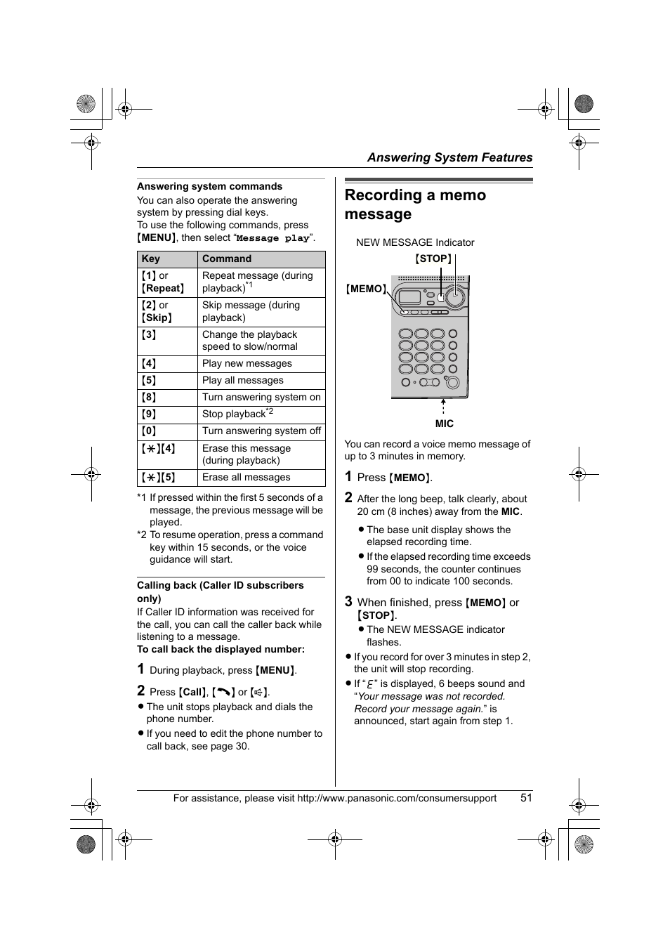 Recording a memo message | Panasonic KX-TG2388 User Manual | Page 51 / 76