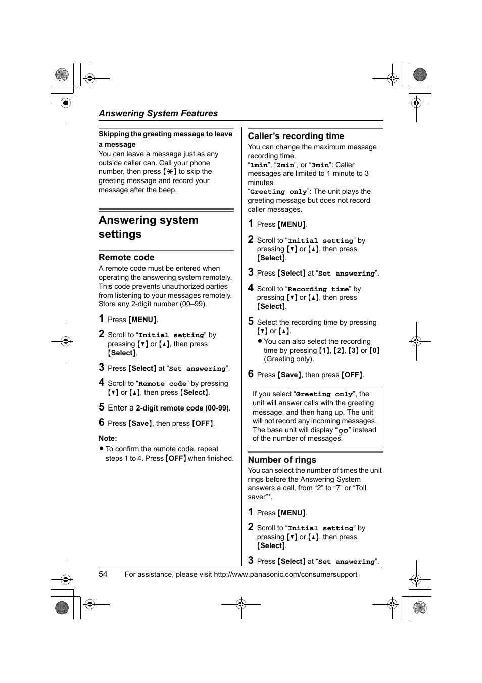 Answering system settings | Panasonic KX-TG2388 User Manual | Page 54 / 76