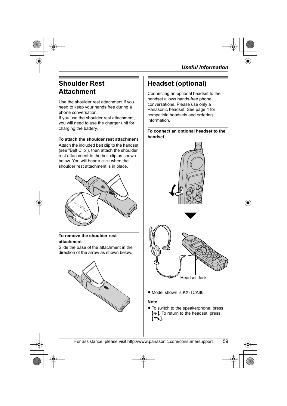 Shoulder rest attachment, Headset (optional) | Panasonic KX-TG2388 User Manual | Page 59 / 76