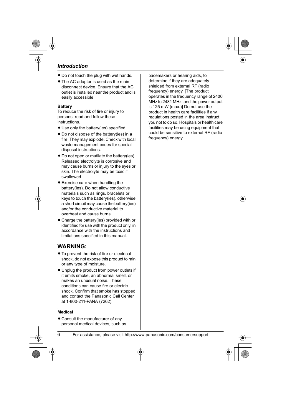 Warning | Panasonic KX-TG2388 User Manual | Page 6 / 76