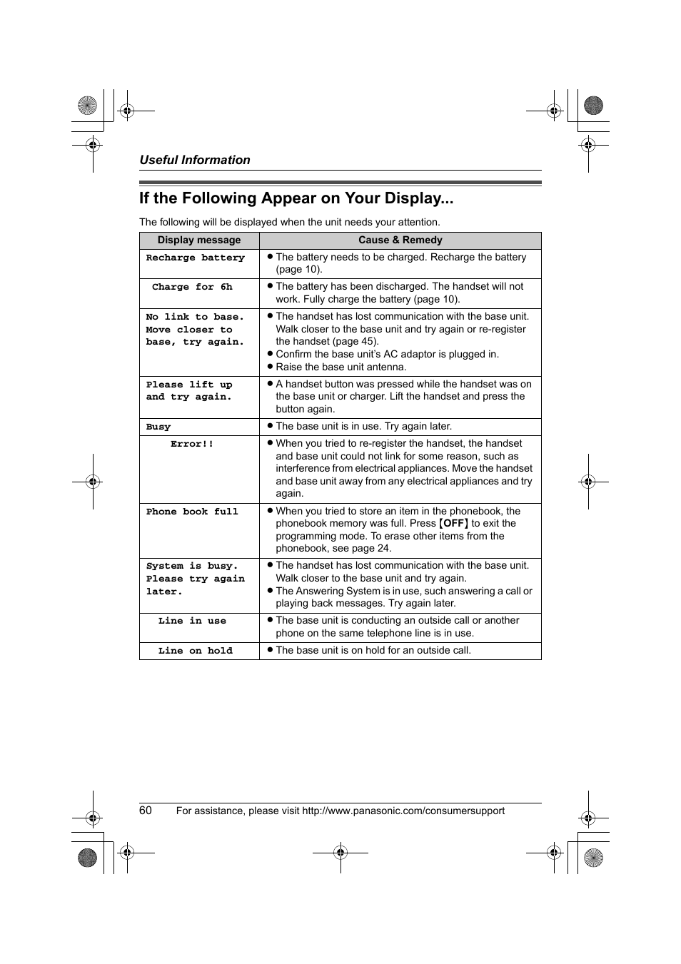 If the following appear on your display | Panasonic KX-TG2388 User Manual | Page 60 / 76