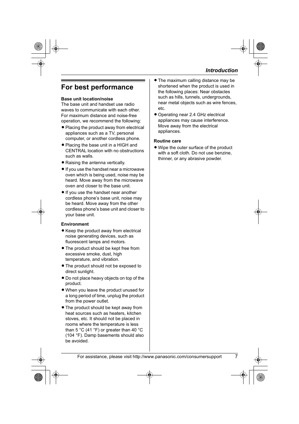 For best performance | Panasonic KX-TG2388 User Manual | Page 7 / 76