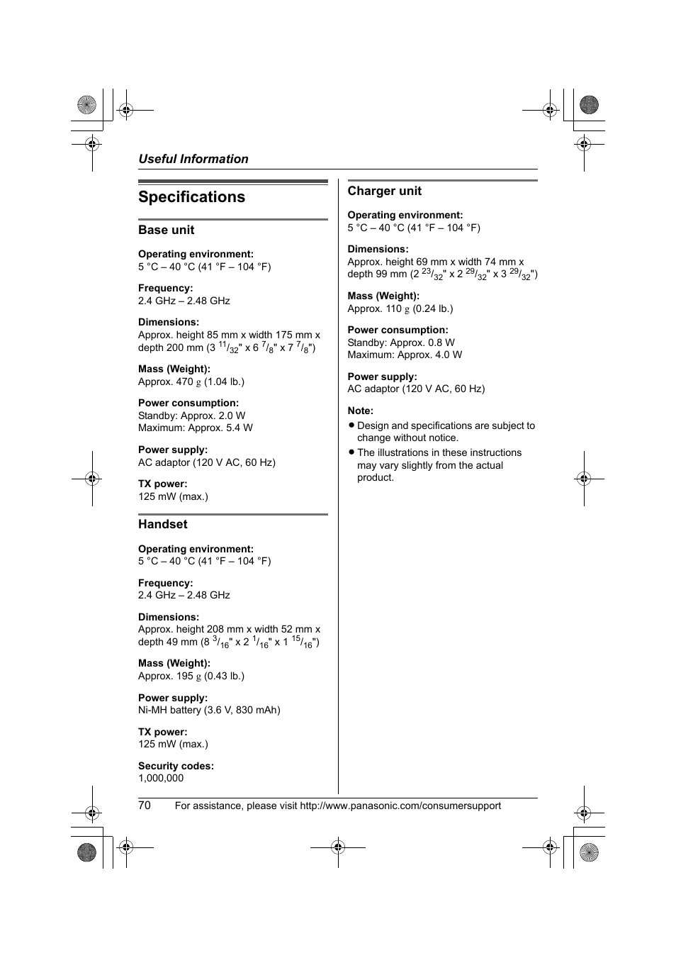 Specifications, Useful information, Base unit | Handset, Charger unit | Panasonic KX-TG2388 User Manual | Page 70 / 76