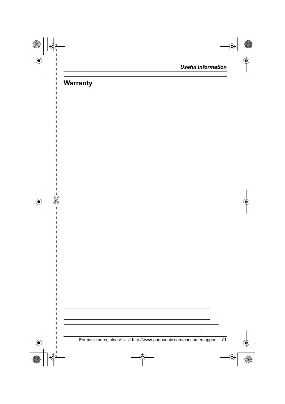 Warranty, Panasonic telephone products limited warranty | Panasonic KX-TG2388 User Manual | Page 71 / 76