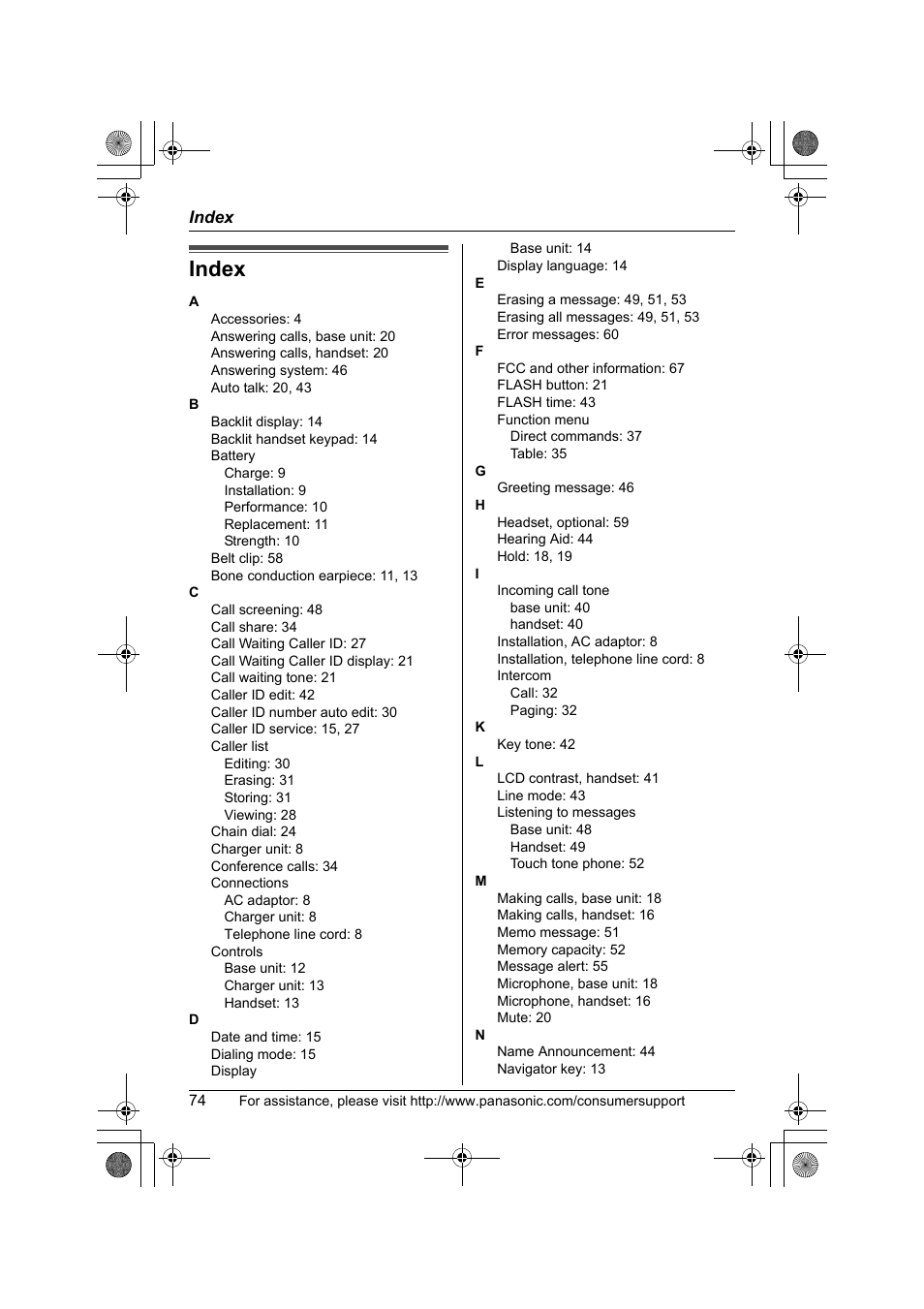 Index | Panasonic KX-TG2388 User Manual | Page 74 / 76