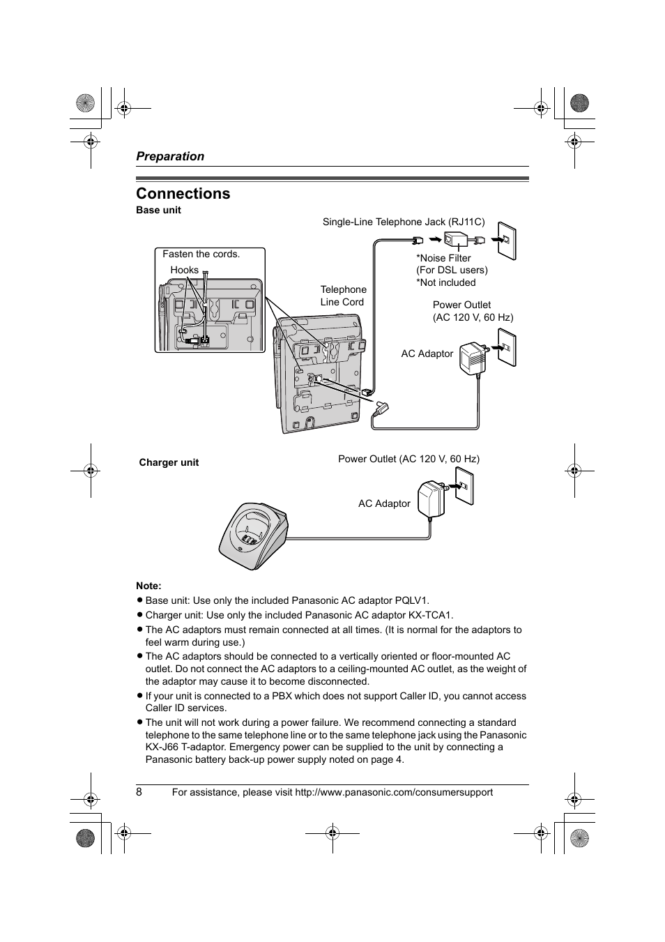 Preparation, Connections | Panasonic KX-TG2388 User Manual | Page 8 / 76